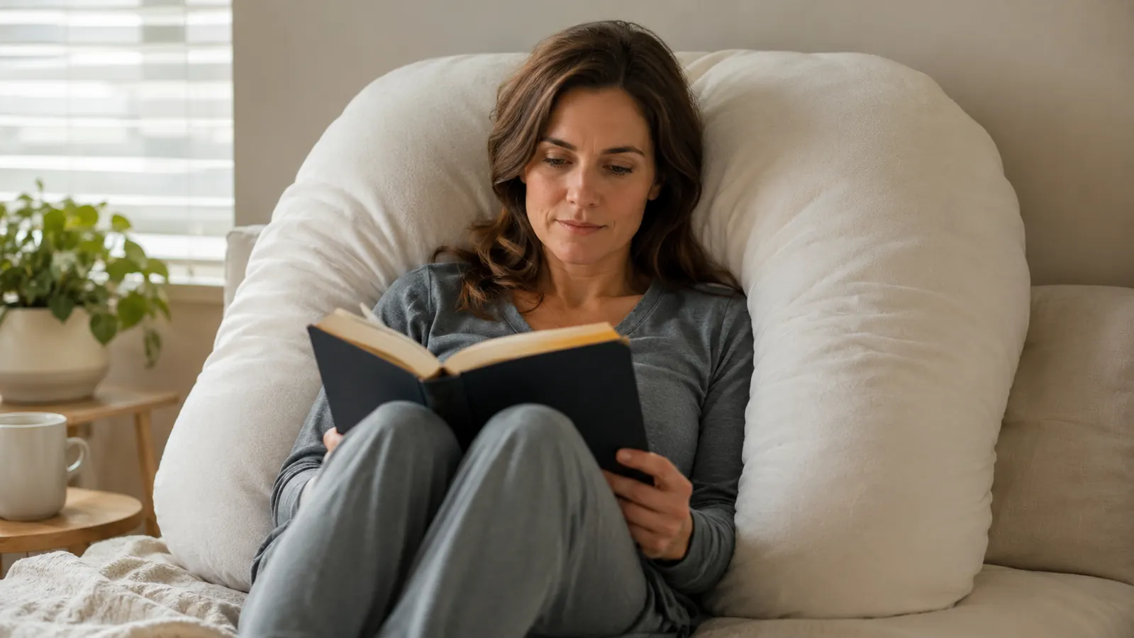 Person mid-afternoon lounging against a body pillow while reading, pillow doubling as a backrest