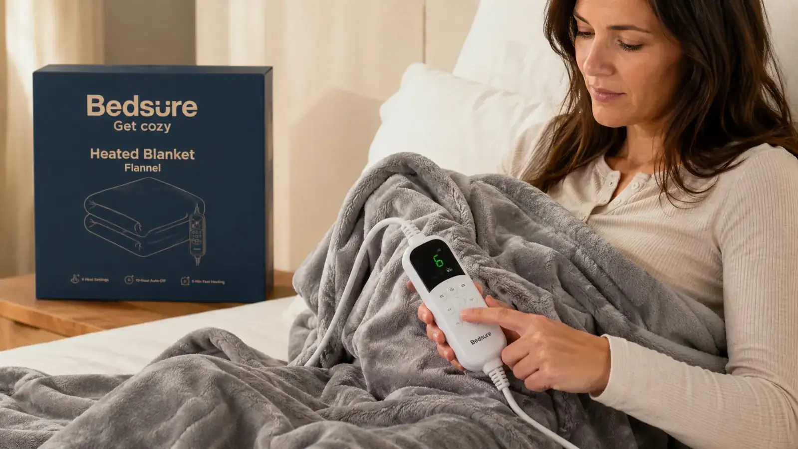 Hand adjusting the heat setting control on the Bedsure heated blanket