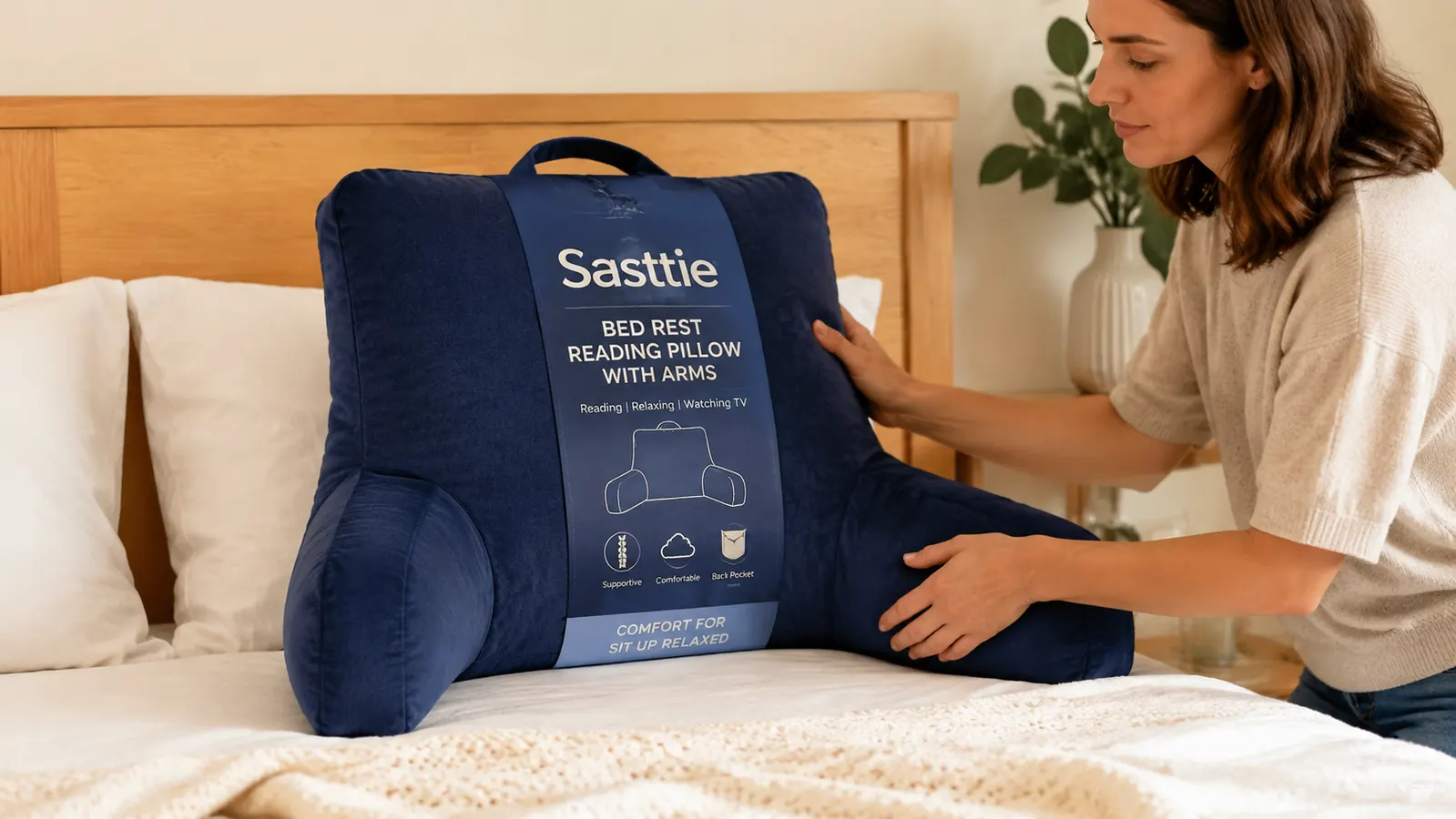 Hand positioning a reading pillow with armrests against a headboard before sitting back against it