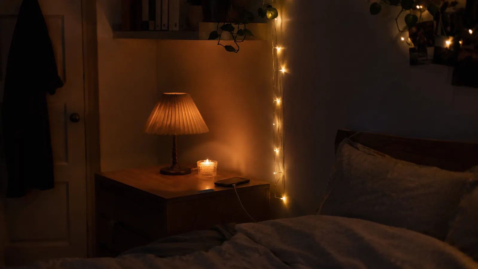 Cozy bedroom nightstand scene with a phone charging away from the bed and soft ambient lighting