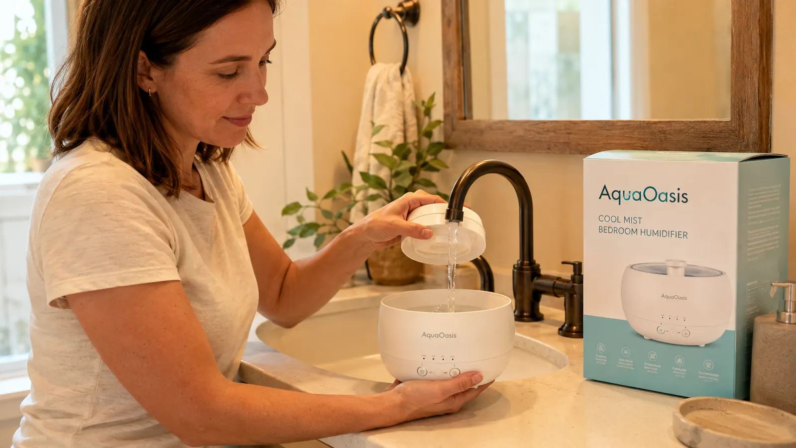 Hand pouring water into the AquaOasis humidifier's tank before setting it on a bedroom dresser