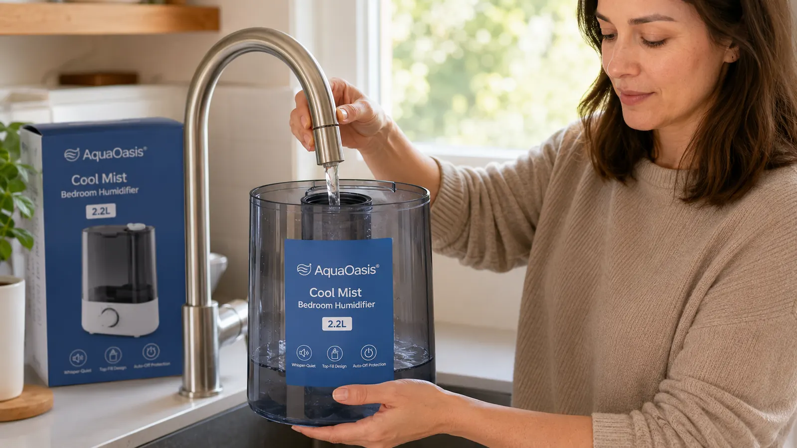 Hands pouring water into the top-fill opening of the AquaOasis humidifier tank over a bathroom sink