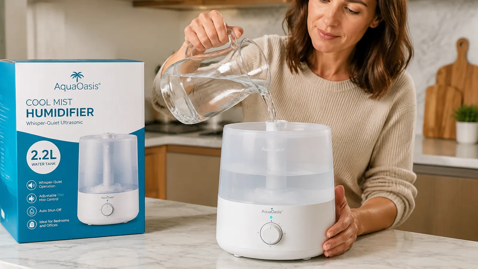 Hand pouring water from a pitcher into the top-fill tank opening of the humidifier
