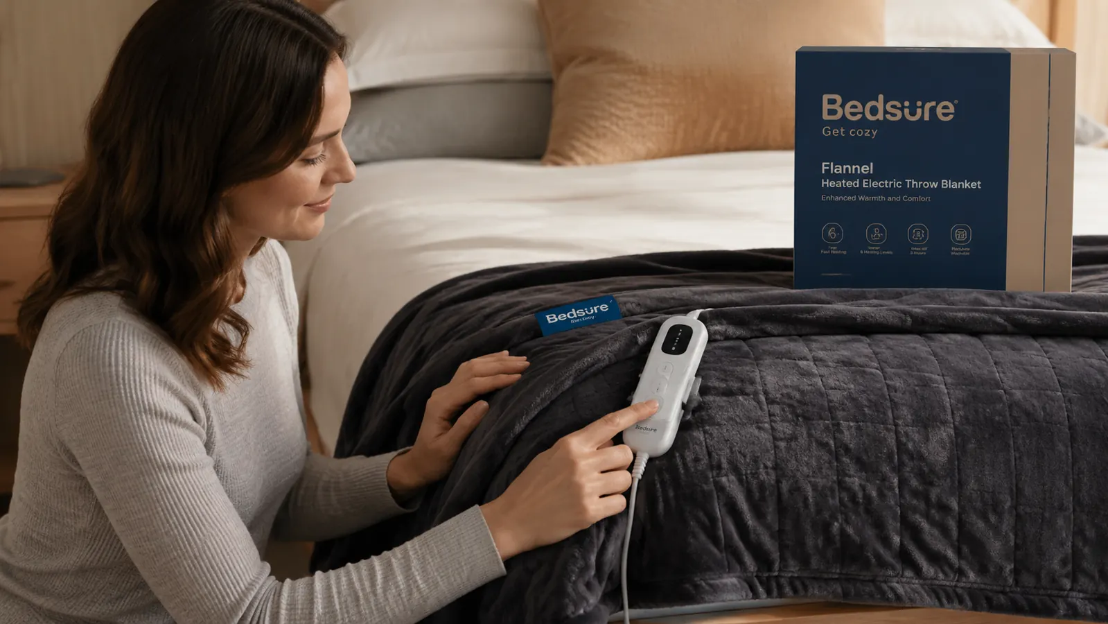 Close-up of hand pressing the preheat button on the Bedsure heated blanket controller