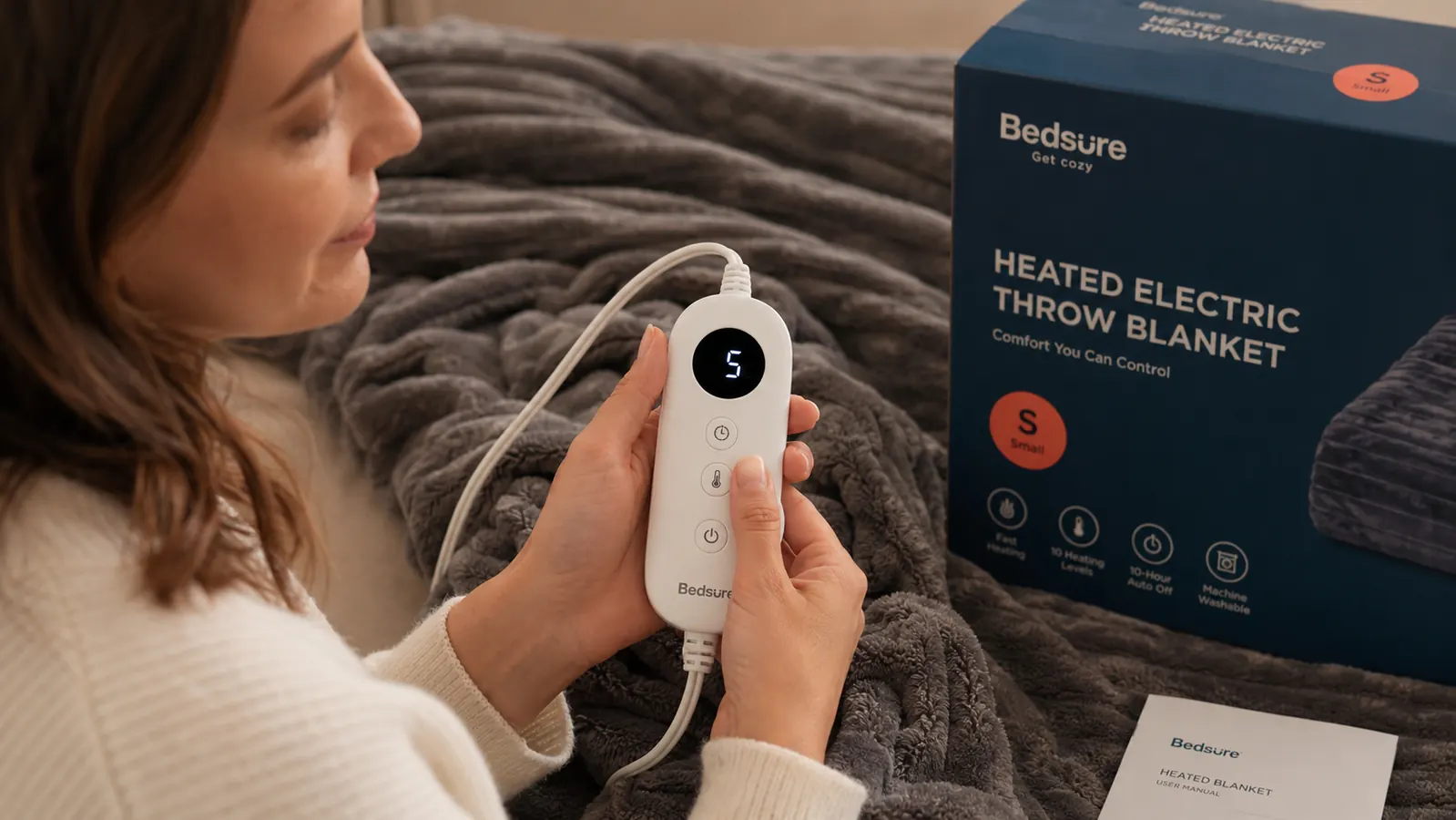 Hand pressing the controller button on the Bedsure heated blanket to set the preheat function