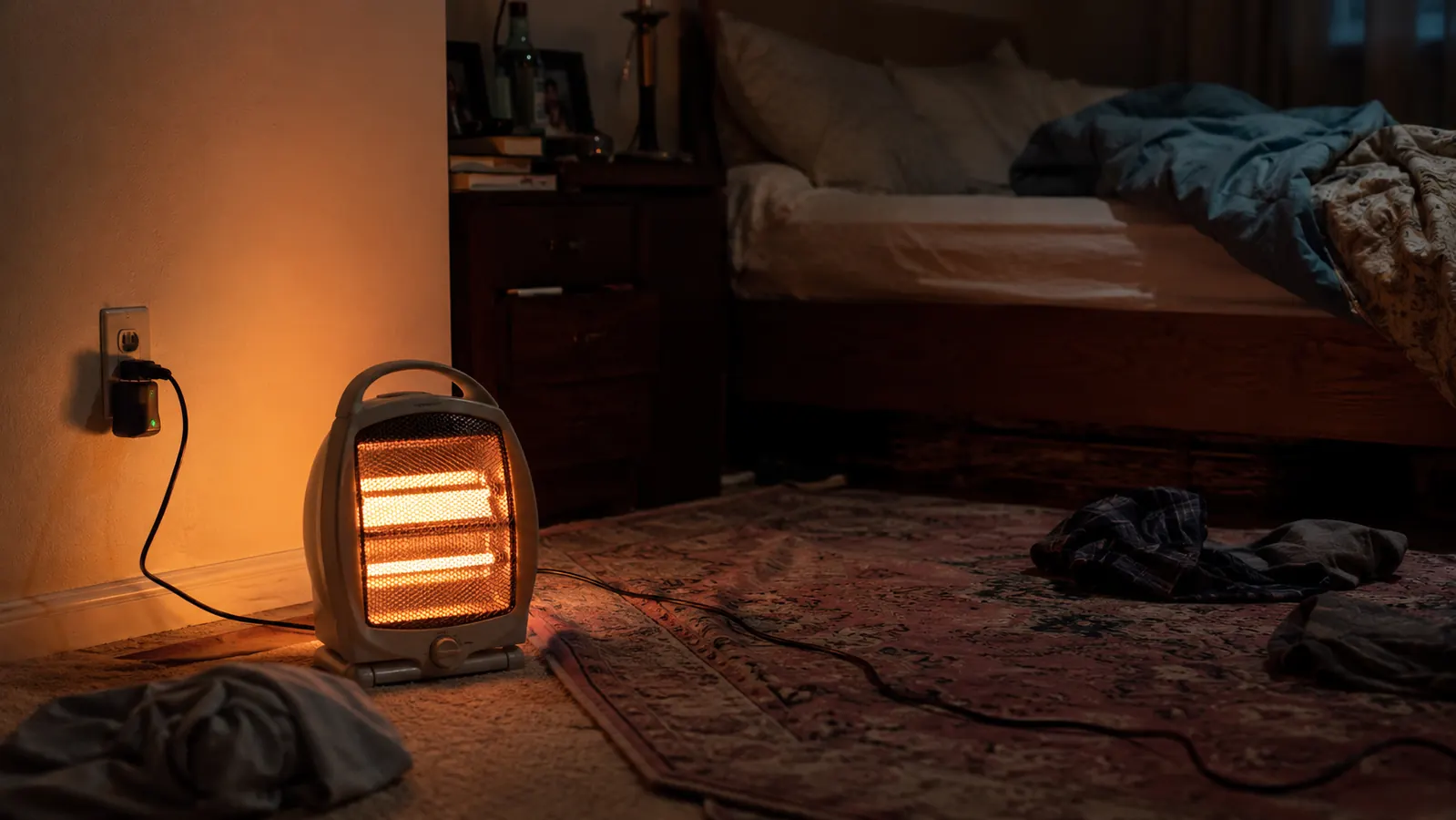 A ceramic space heater running on a bedroom floor near an outlet, cord stretched across the rug toward the bed