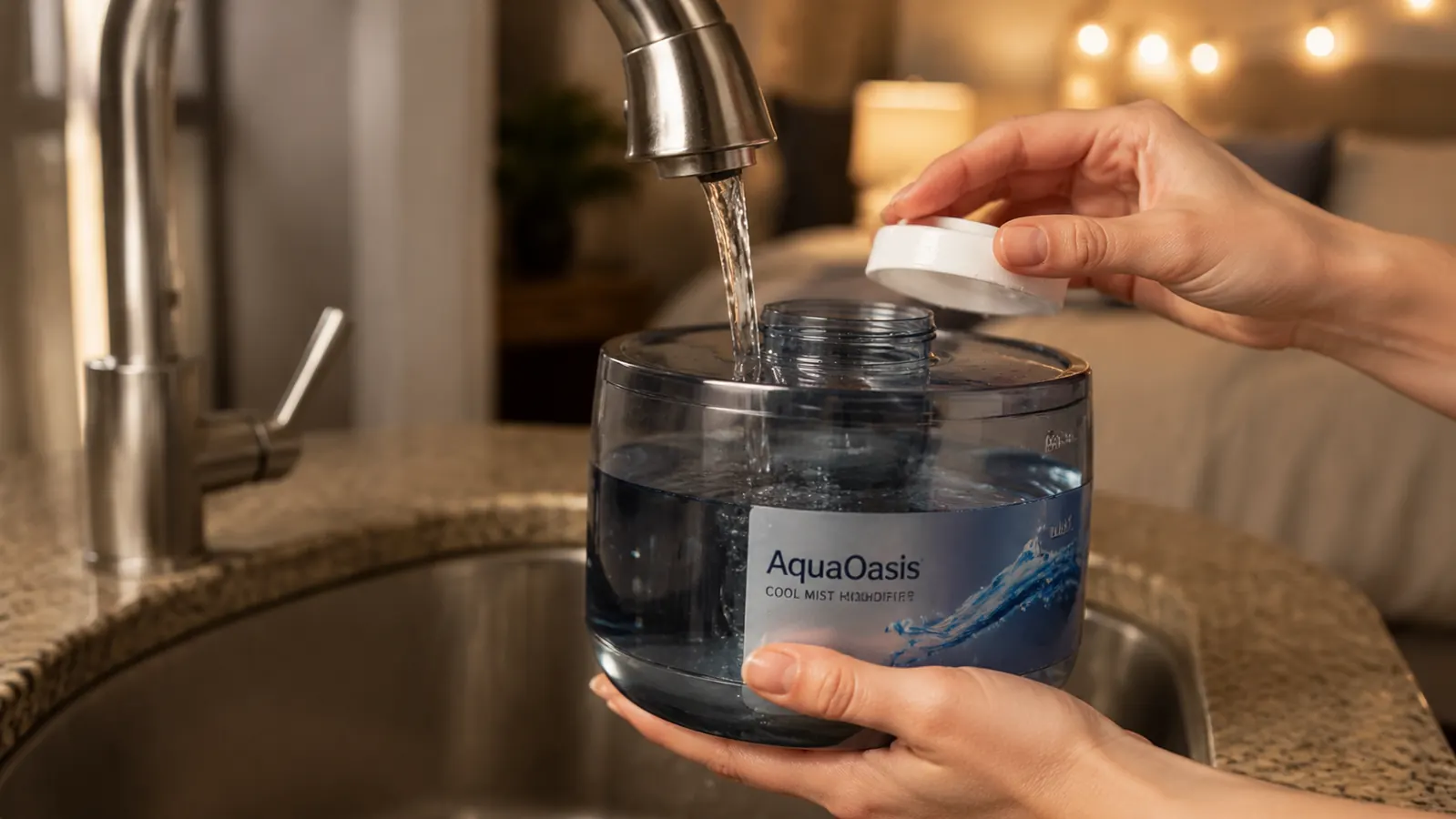 Hands filling the AquaOasis humidifier's 2.2 liter water tank at a sink, showing the tank cap and fill line