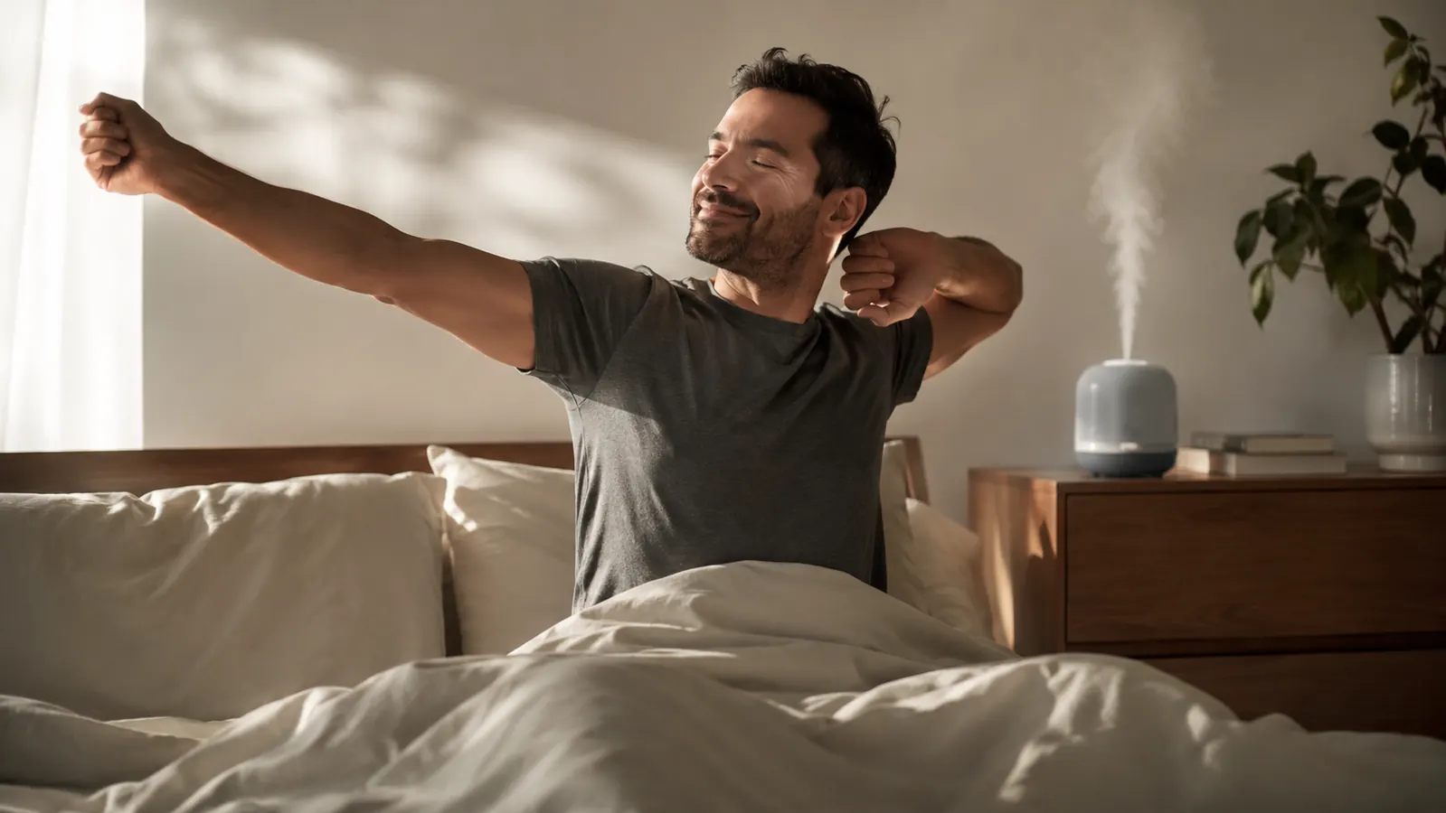 Person waking up stretching in a sunlit bedroom, humidifier visible quietly running on the dresser in the background