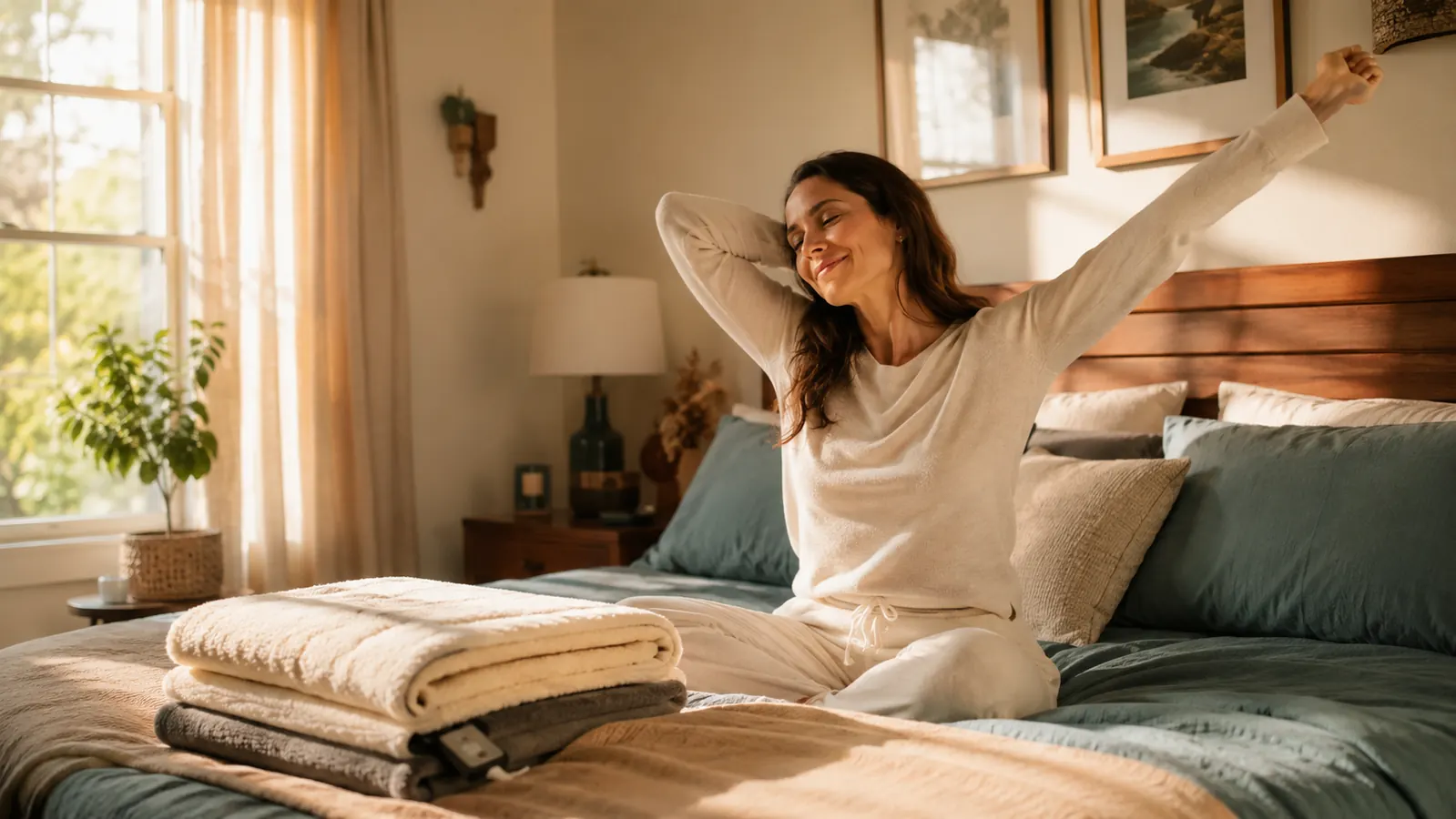 Person stretching awake in a bright bedroom in the morning, heated blanket neatly folded at the foot of the bed