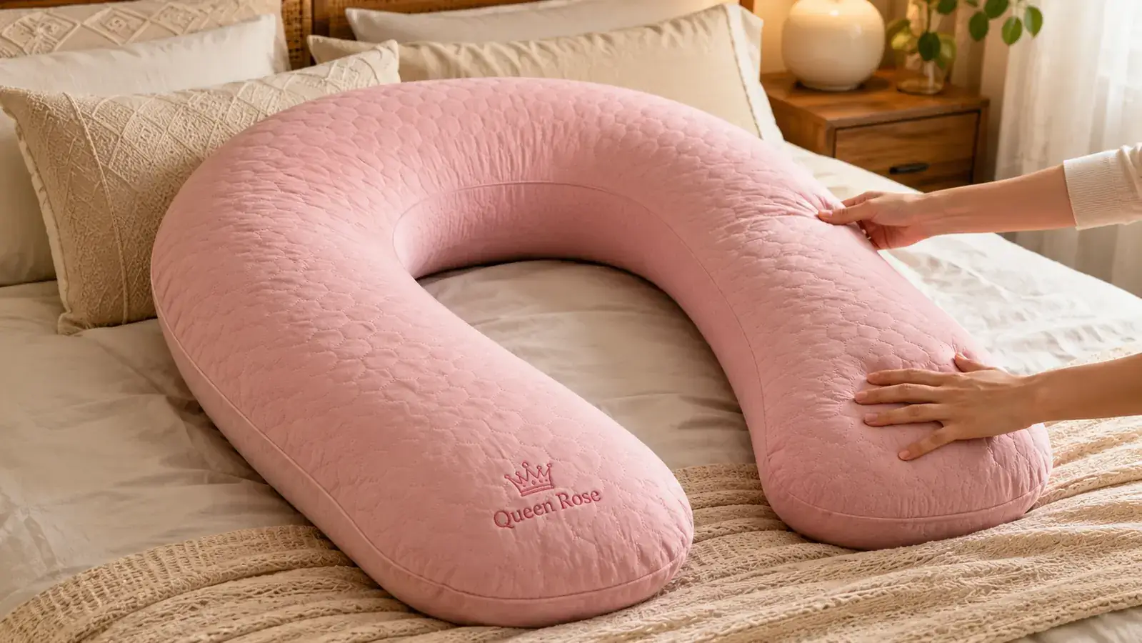 Close-up of hands positioning the Queen Rose U-shaped body pillow on a bed, showing the cooling silky cover and how the two arms of the U meet at the top curve