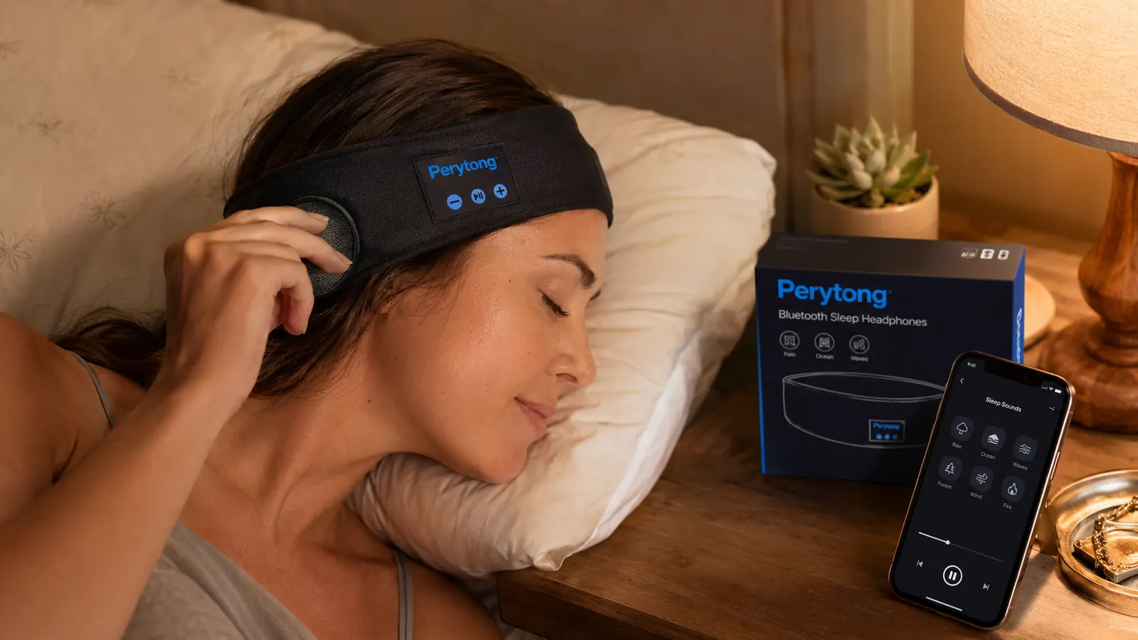 Close-up of a hand tucking the flat Bluetooth speaker into the headband fabric near the temple, phone with a white noise app visible on the nightstand nearby