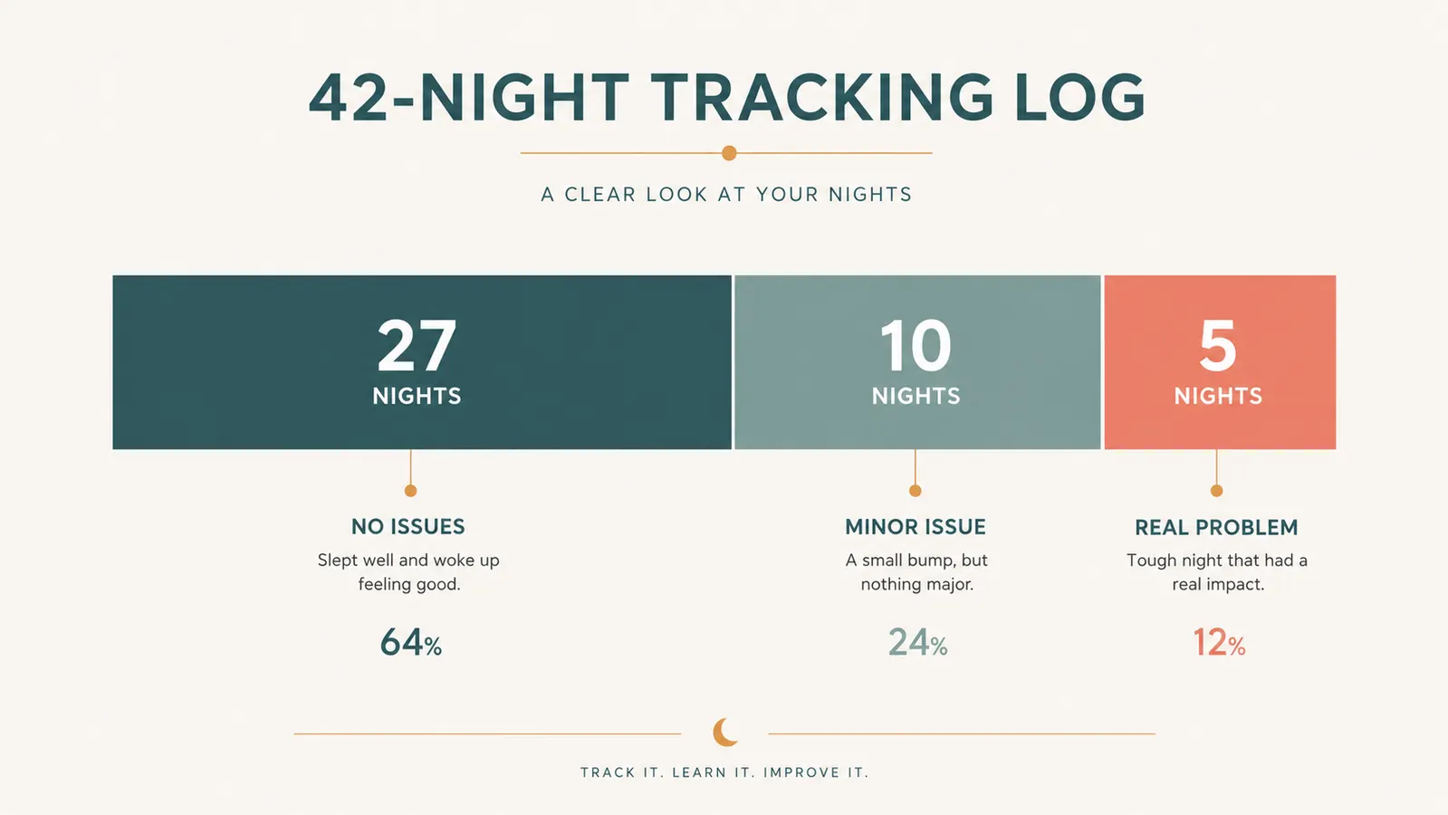 Simple bar chart comparing how many of 42 tracked nights had zero issues, a minor issue, or a real problem with fit or sound