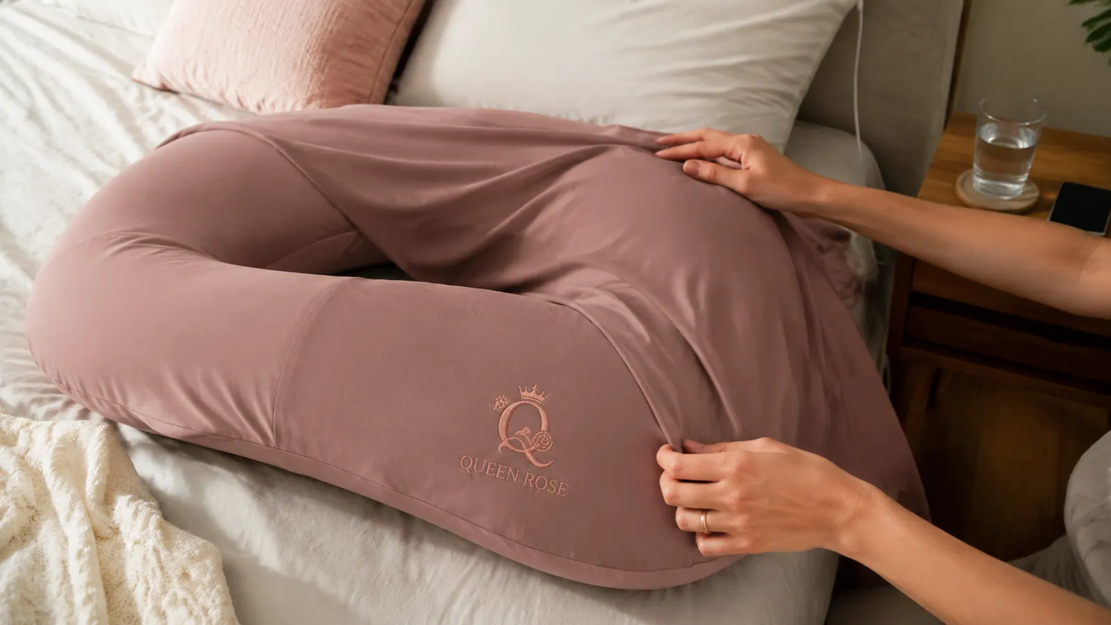 Close-up of hands adjusting the cooling silky cover on the Queen Rose U-shaped pillow before bed