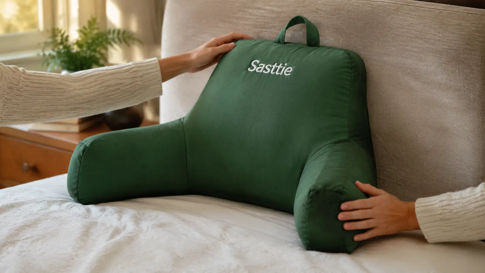 Close-up of hands fluffing and positioning a Sasttie reading pillow with arms against a headboard