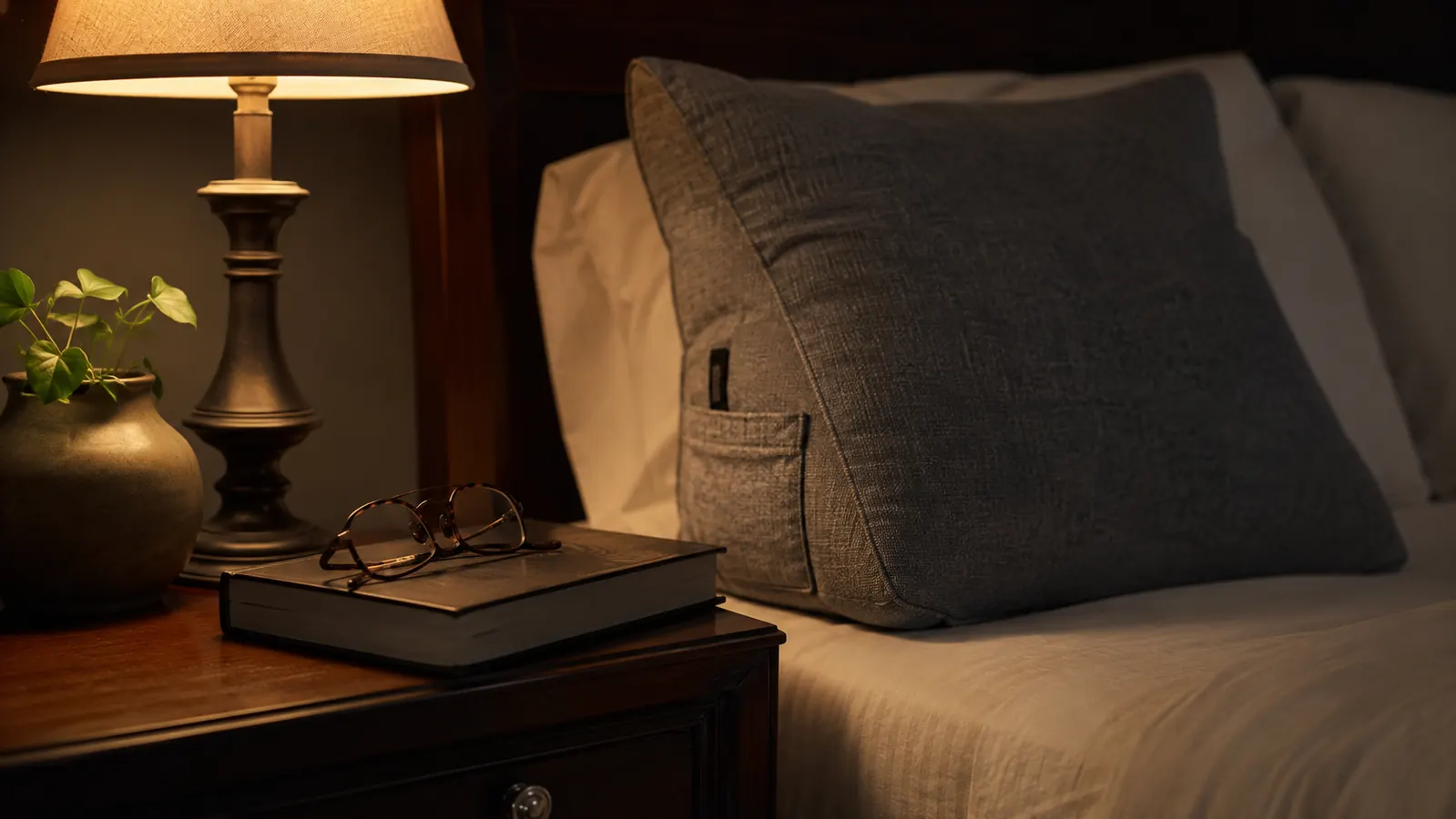 Nightstand scene with a folded book, reading glasses, and a lamp beside a bed with a large propped pillow