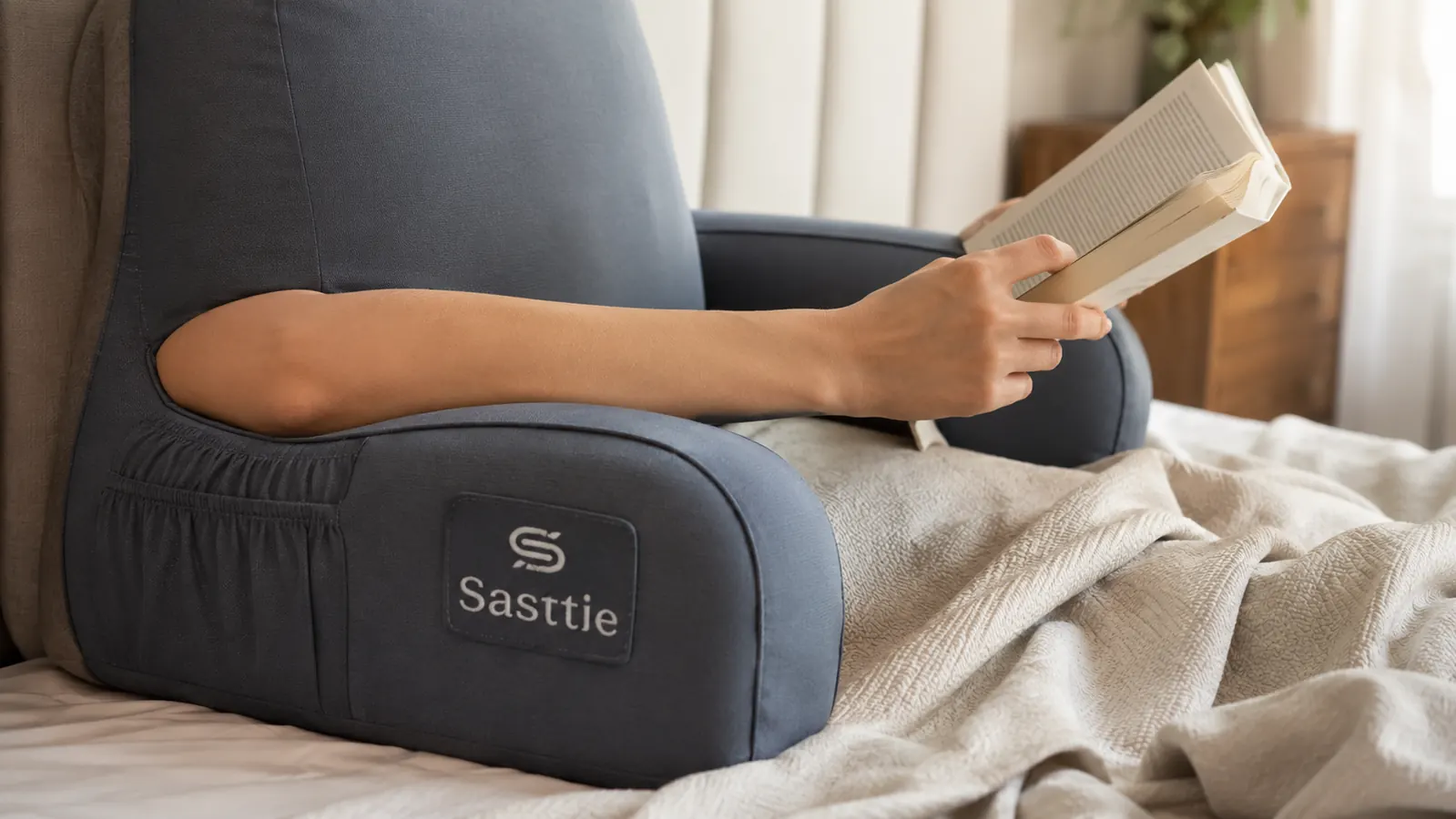 Close-up of forearms resting on the armrests of the Sasttie reading pillow while holding an open book