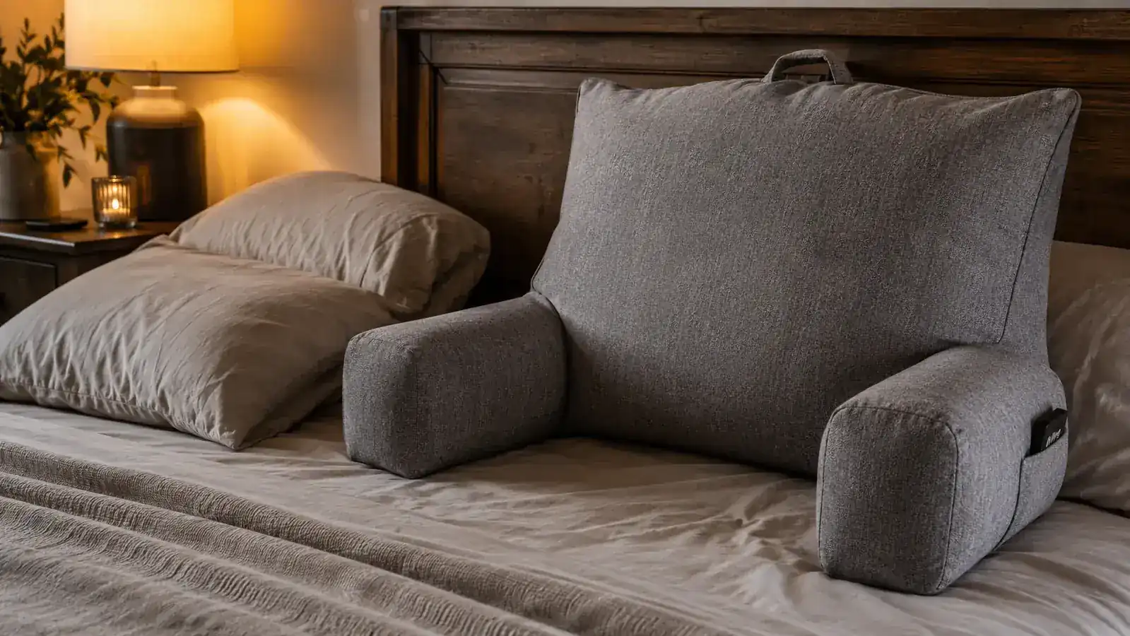 Nightstand scene with two flattened regular pillows pushed aside and a structured reading pillow with armrests set up against the headboard instead
